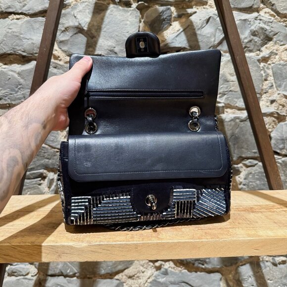 Chanel 2015-2016 Navy Blue Satin Sequin Beaded Medium Double Flap Bag - Picture 9 of 16